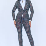 Brown with Cream and Blue Square Jacquard Pattern 2 Piece Slim Fit Suit with Adjustable Side Tabs on Pants