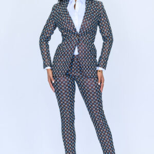Brown with Cream and Blue Square Jacquard Pattern 2 Piece Slim Fit Suit with Adjustable Side Tabs on Pants