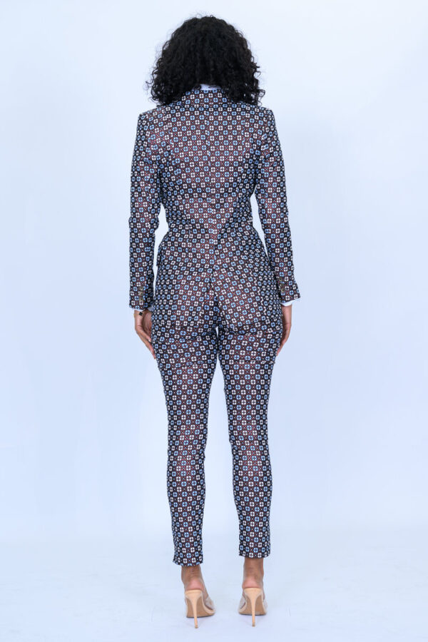 Brown with Cream and Blue Square Jacquard Pattern 2 Piece Slim Fit Suit with Adjustable Side Tabs on Pants