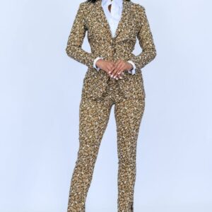 Brown with Tan Creamy Leafy Jacquard Pattern 2 Piece Slim Fit Suit with Adjustable Side Tabs on Pants