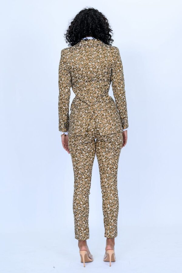 Brown with Tan Creamy Leafy Jacquard Pattern 2 Piece Slim Fit Suit with Adjustable Side Tabs on Pants