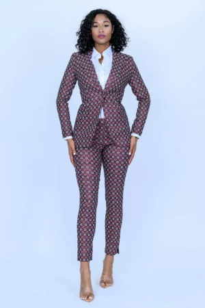 Burgundy with Cream and Peach Square Pattern Jacquard 2 Piece Slim Fit Suit with Adjustable Side Tabs on Pants