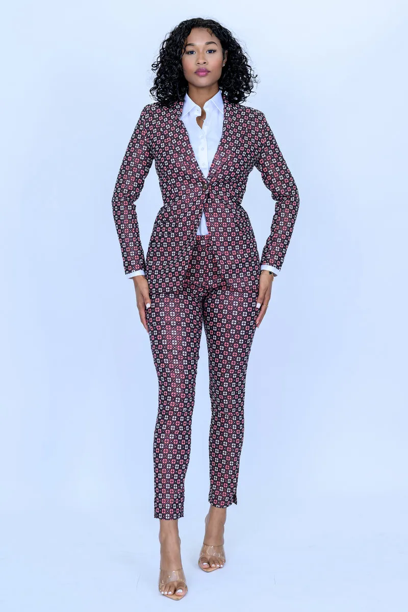 Burgundy-with-cream-and-peach-square-pattern-jacquard-2-piece-slim-fit-suit-with-adjustable-side-tabs-on-pants