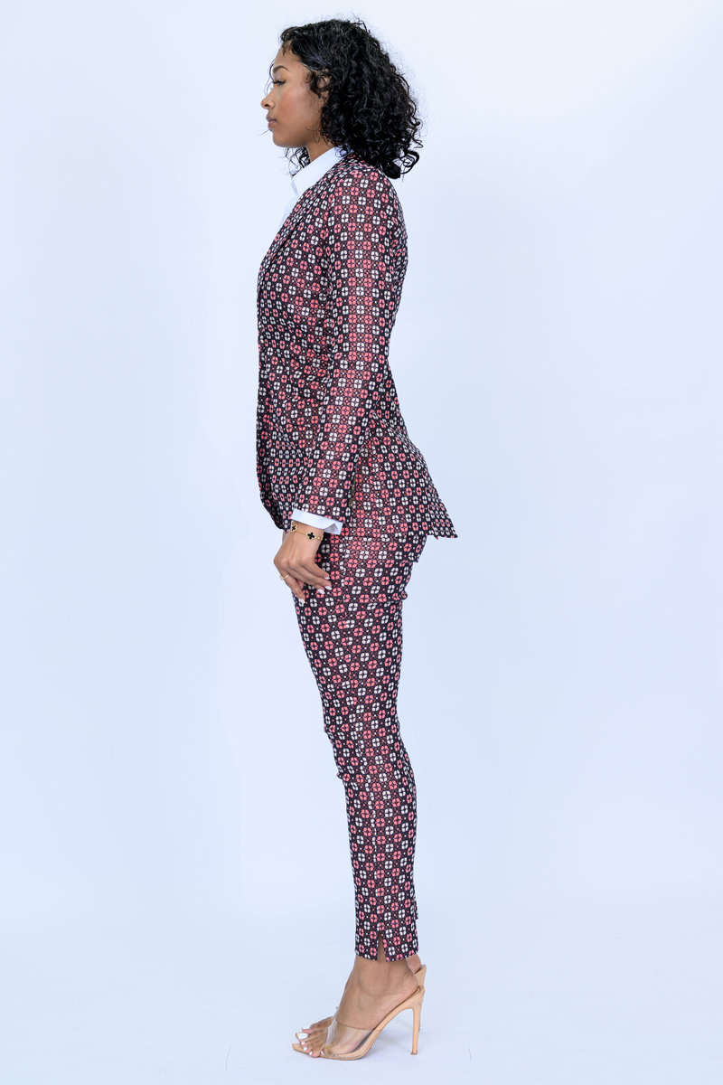 Burgundy with Cream and Peach Square Pattern Jacquard 2 Piece Slim Fit Suit with Adjustable Side Tabs on Pants
