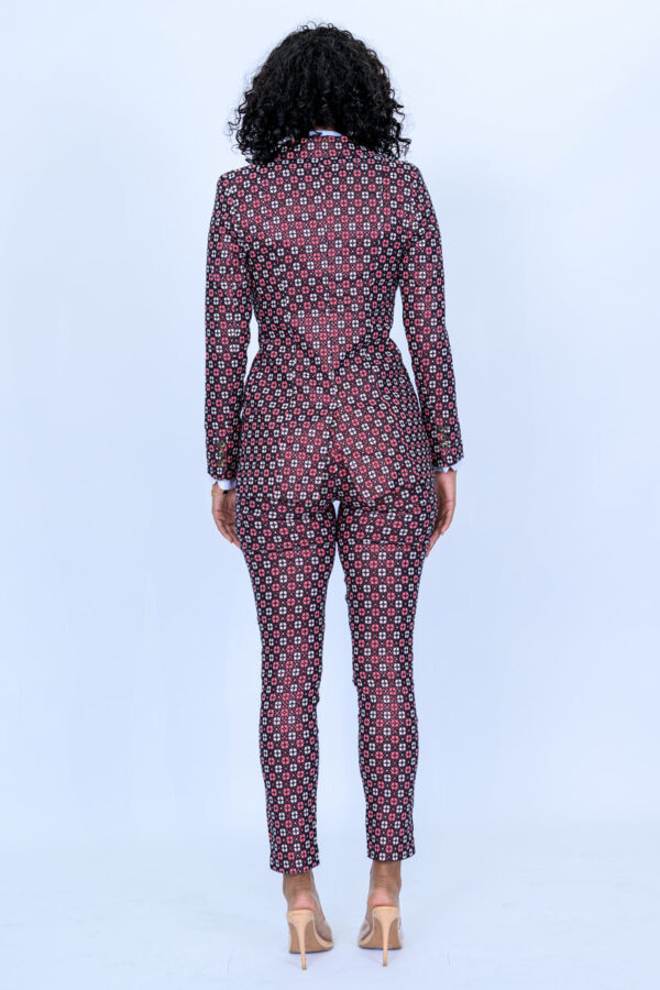 Burgundy with Cream and Peach Square Pattern Jacquard 2 Piece Slim Fit Suit with Adjustable Side Tabs on Pants