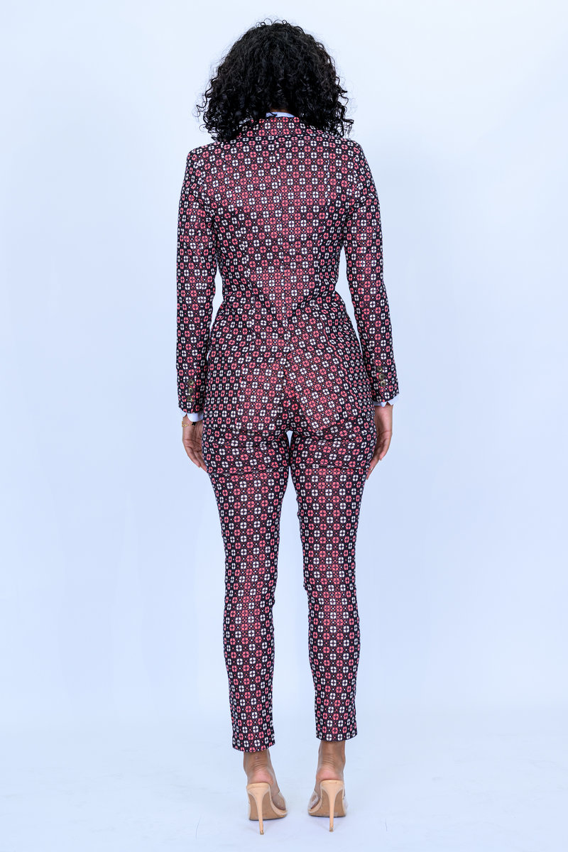 Burgundy with Cream and Peach Square Pattern Jacquard 2 Piece Slim Fit Suit with Adjustable Side Tabs on Pants