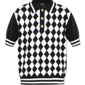 Balmain Diamond Pattern Knit Polo Shirt