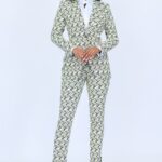 Cream with Black and Yellow Jacquard Pattern 2 Piece Slim Fit Suit with Adjustable Side Tabs on Pants