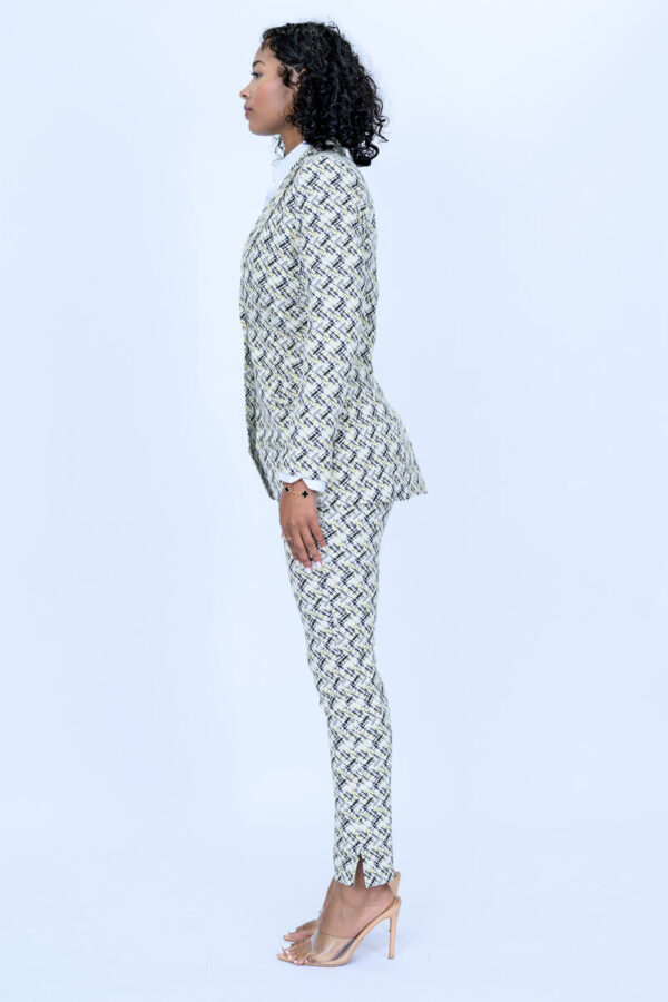 Cream with Black and Yellow Jacquard Pattern 2 Piece Slim Fit Suit with Adjustable Side Tabs on Pants