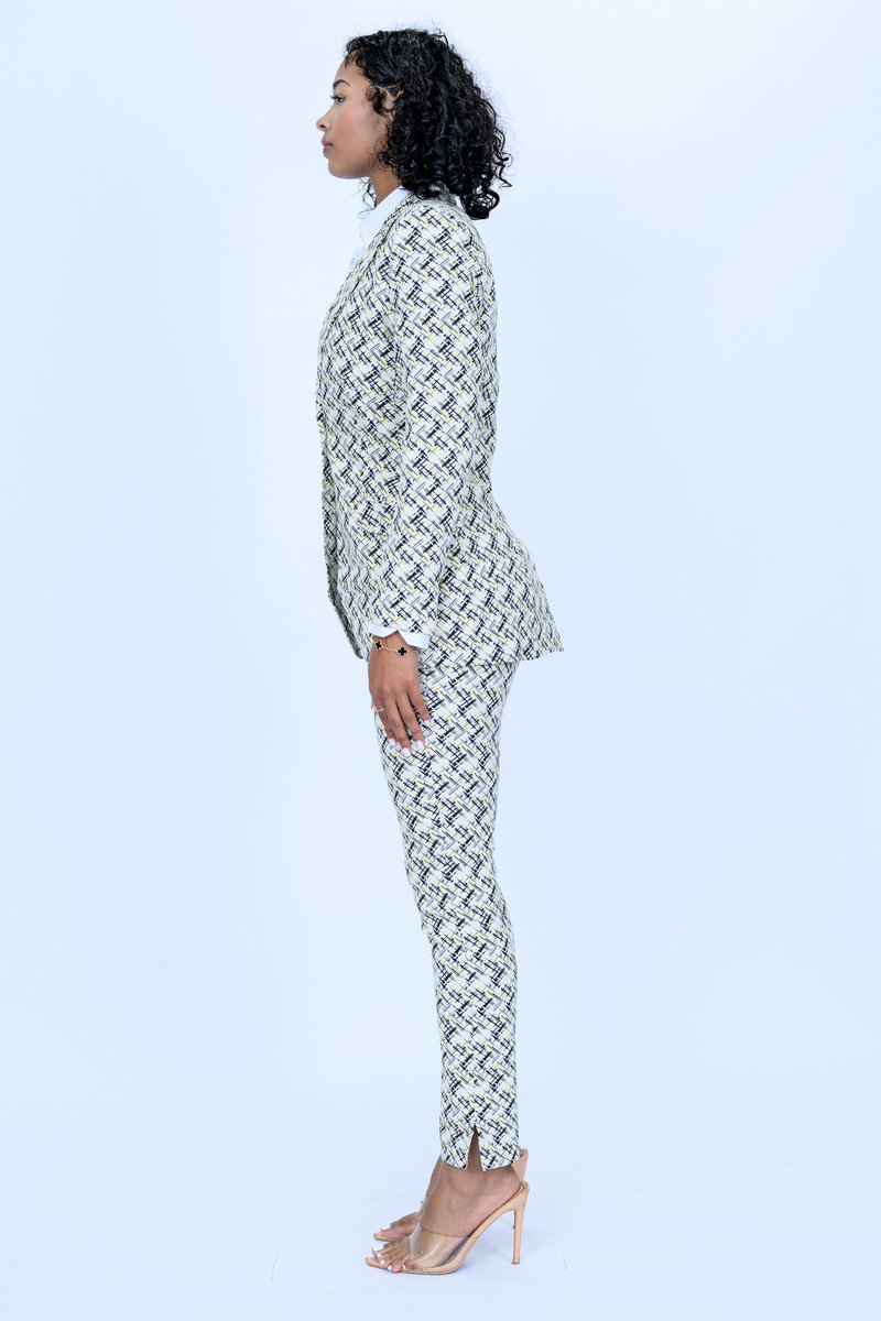 Cream with Black and Yellow Jacquard Pattern 2 Piece Slim Fit Suit with Adjustable Side Tabs on Pants