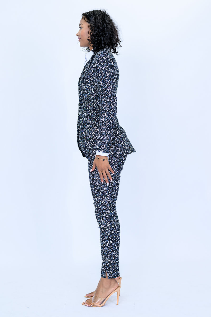 Grey with Cream and Brown Leafy Jacquard Pattern 2 piece Slim Fit Suit with Adjustable Side Tabs on Pants
